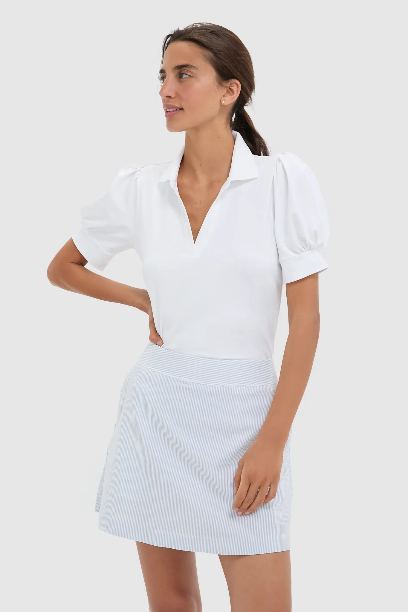 White Puff Sleeve Performance Jersey Caroline Polo sold by Tuckernuck