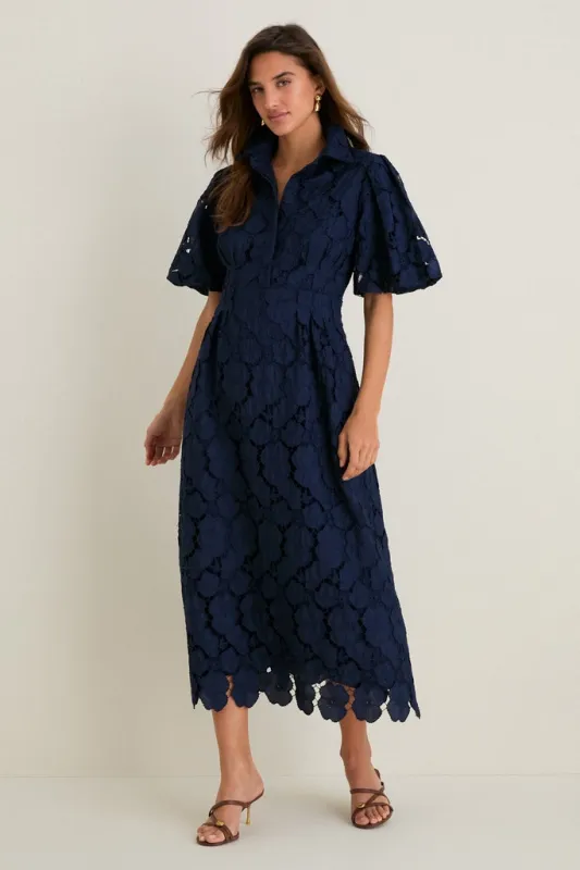 Citron and Slate Blue Embroidered Leighton Dress