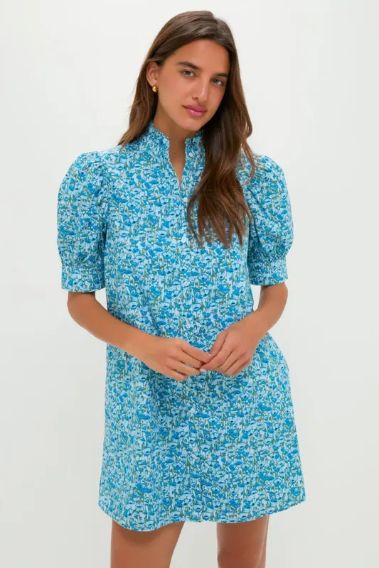 Blue Poppies Floral Ruffle Collar Louisa Mini Dress made by Hyacinth House