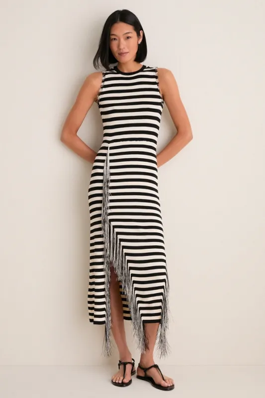 Black and White Stripe Sabine Fringe Knit Dress made by Simon Miller