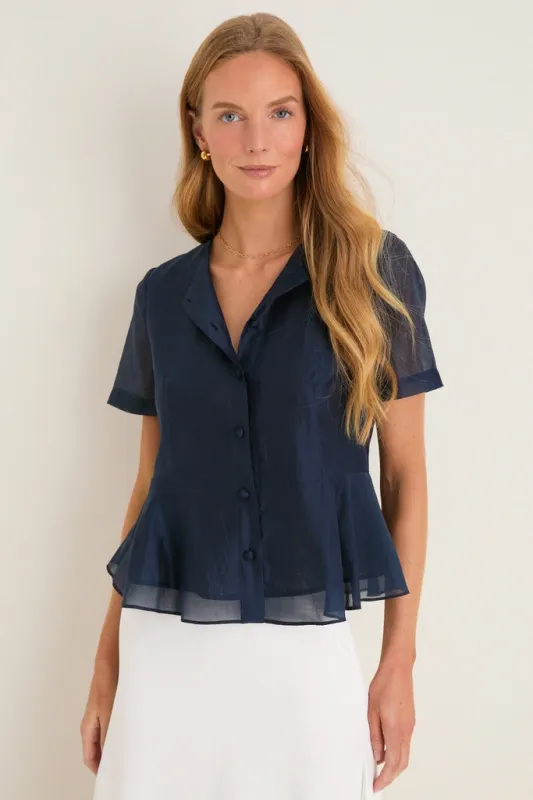 Navy Organza Peplum Sylvette Blouse sold by Tuckernuck