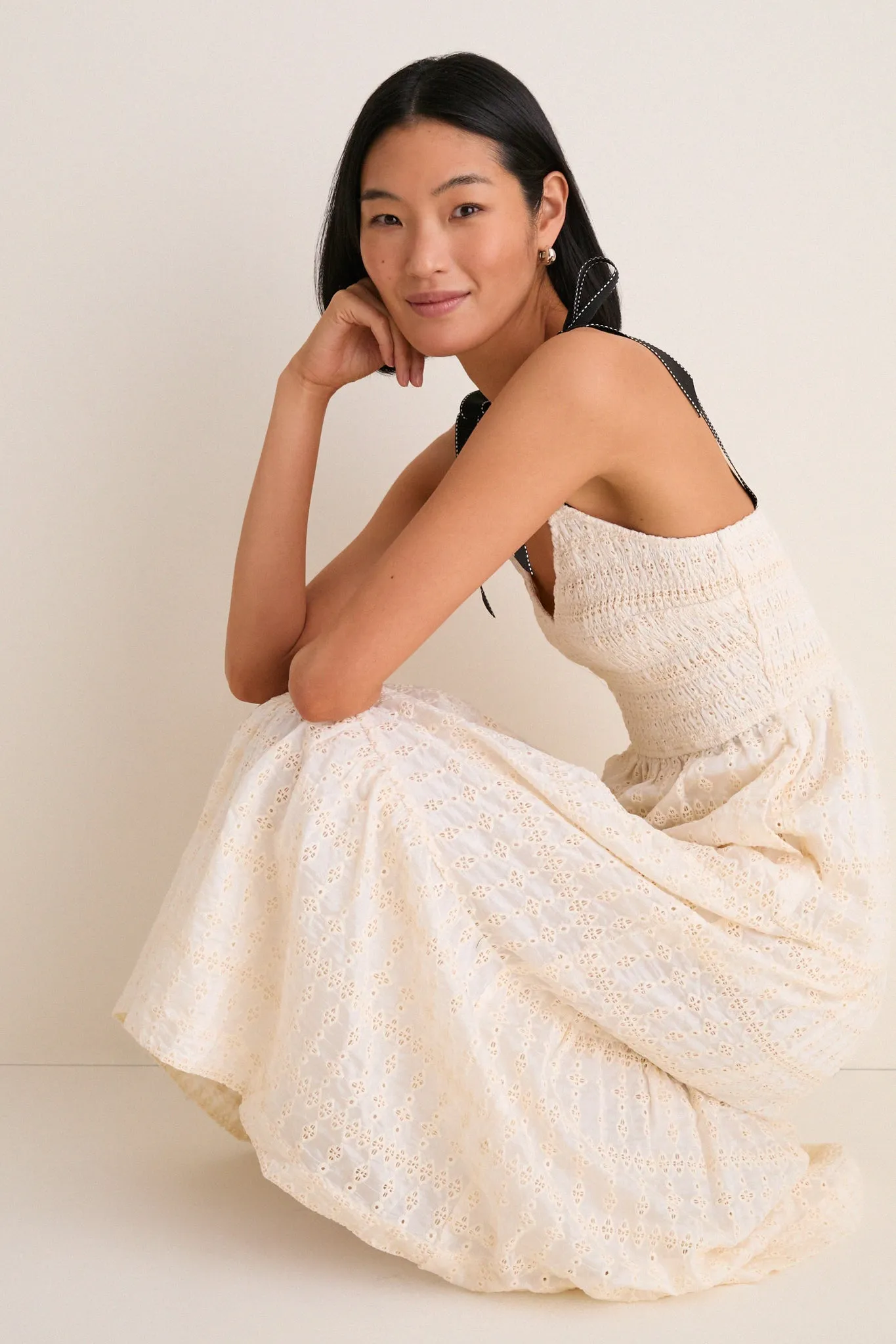 Cream Jayla Embroidery Eyelet Smocked Midi Dress sold by Tuckernuck product image thumbnail 2