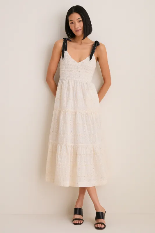 Cream Jayla Embroidery Eyelet Smocked Midi Dress sold by Tuckernuck
