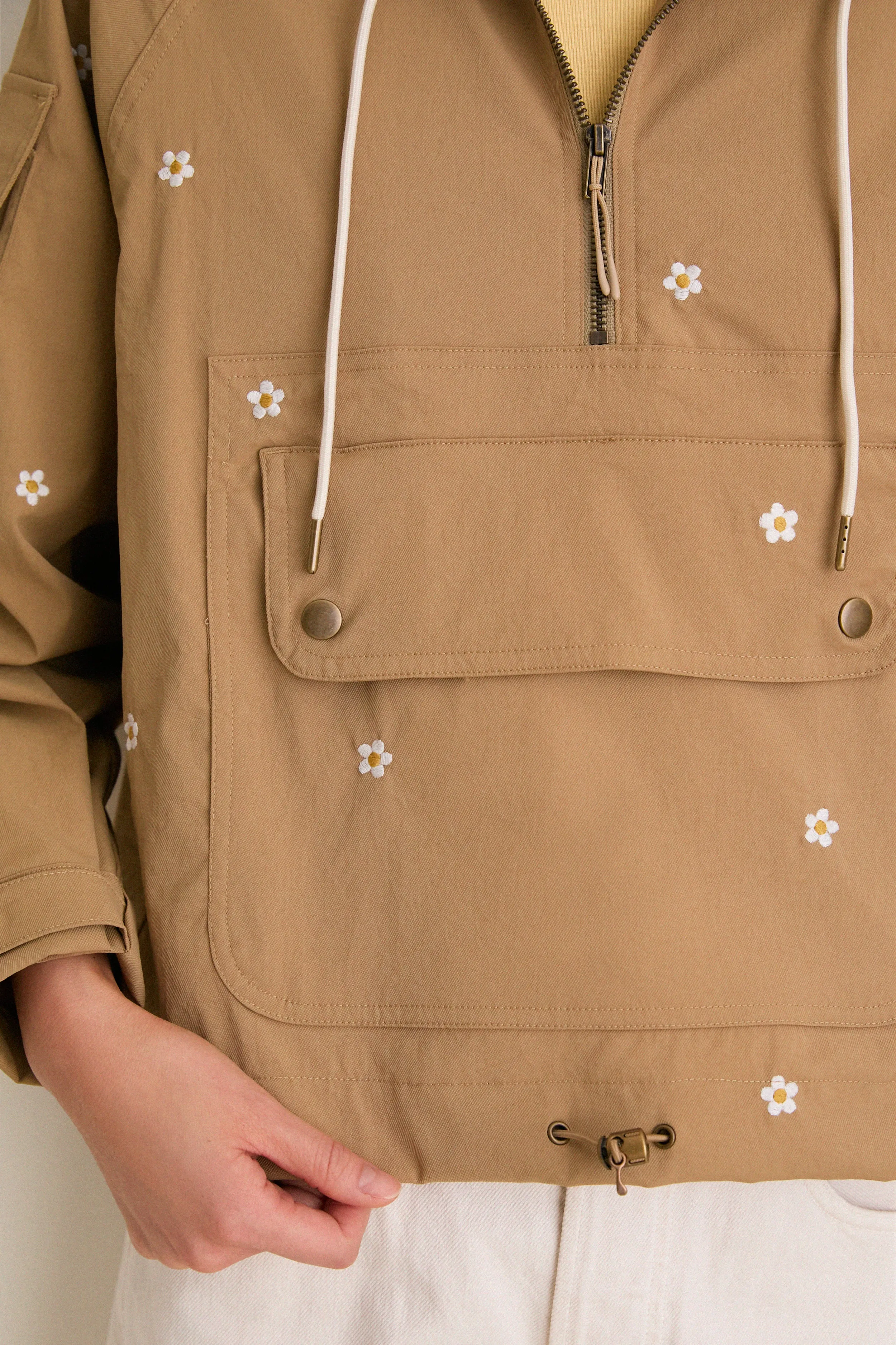 Khaki with Daisy Embroidery Cropped Trailhead Pullover sold by Tuckernuck product image thumbnail 5