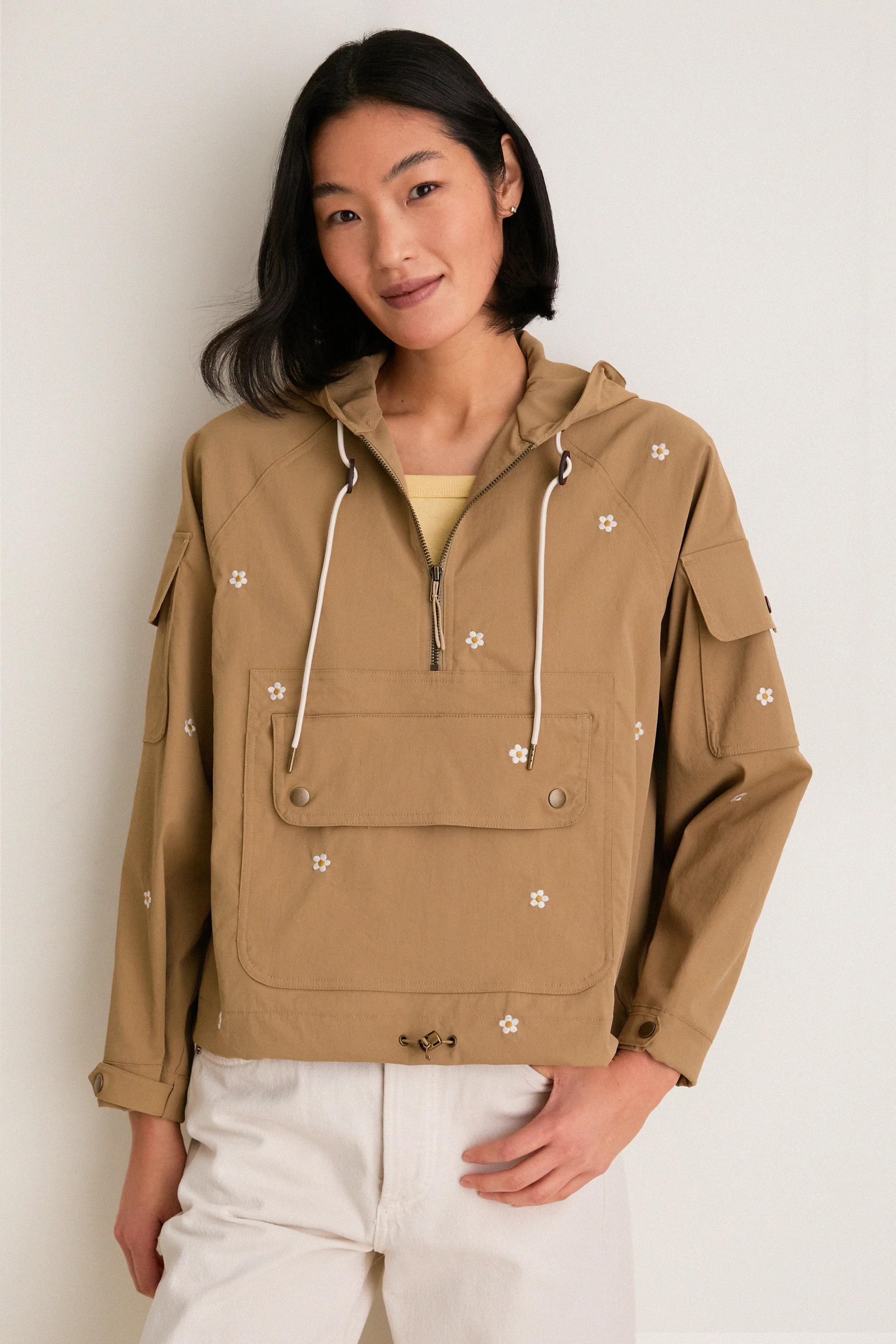 Khaki with Daisy Embroidery Cropped Trailhead Pullover sold by Tuckernuck