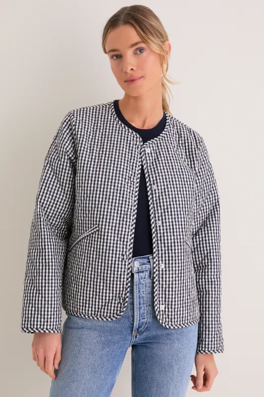 Navy Gingham Cashel Collarless Quilted Jacket made by Barbour