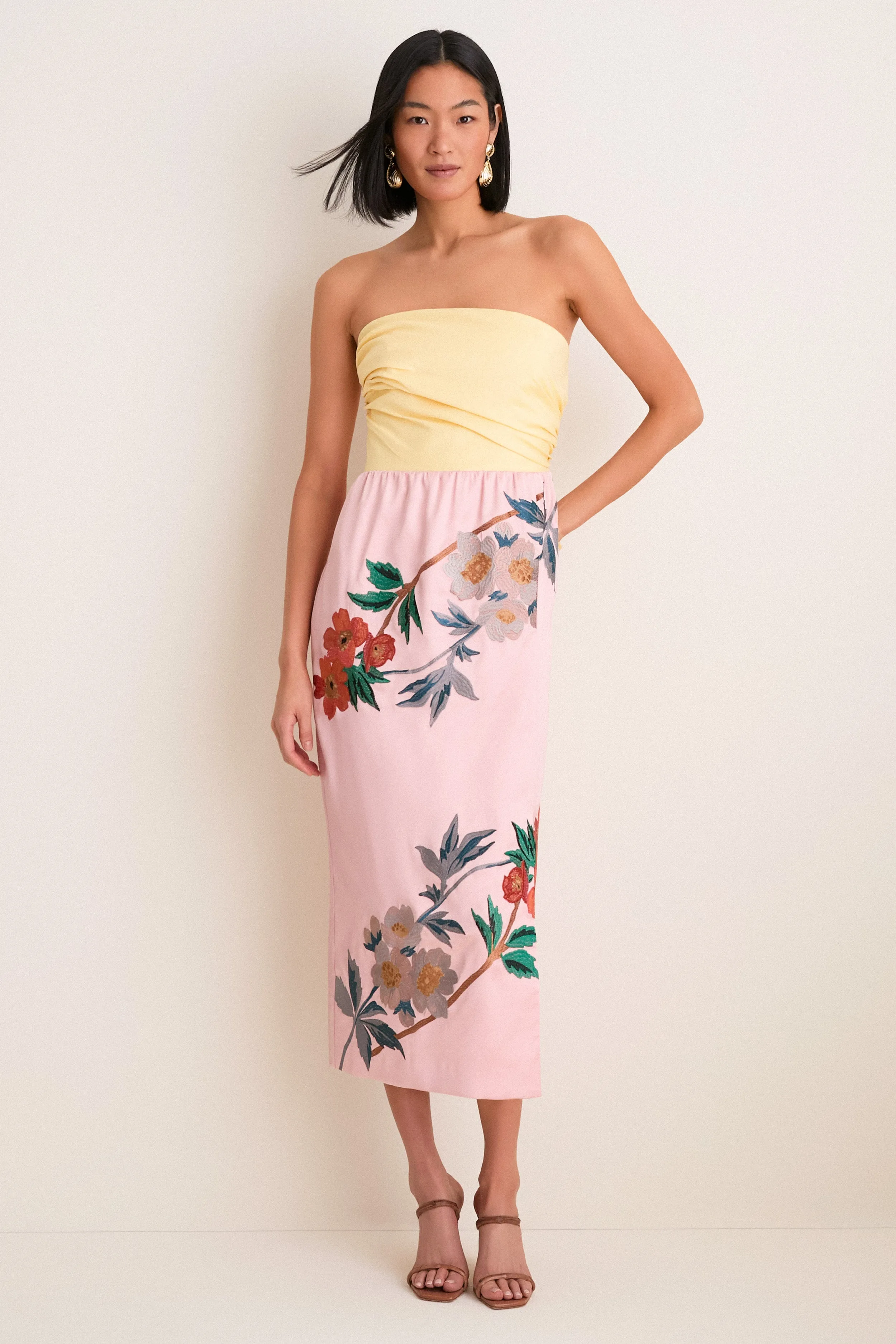 Powder Pink Embroidered Satin Strapless Sonia Dress sold by Tuckernuck