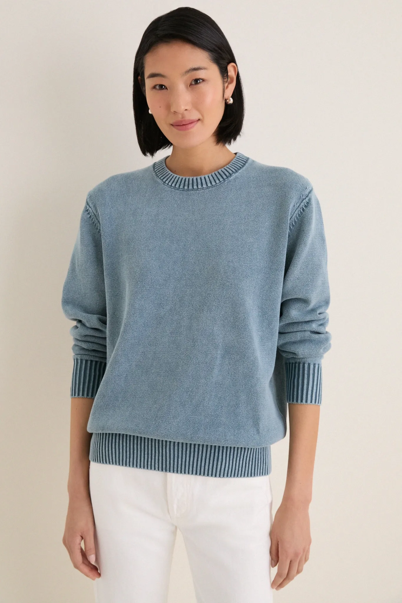 Blue Indigo Stone Washed Cotton Anne Crewneck Sweater sold by Tuckernuck