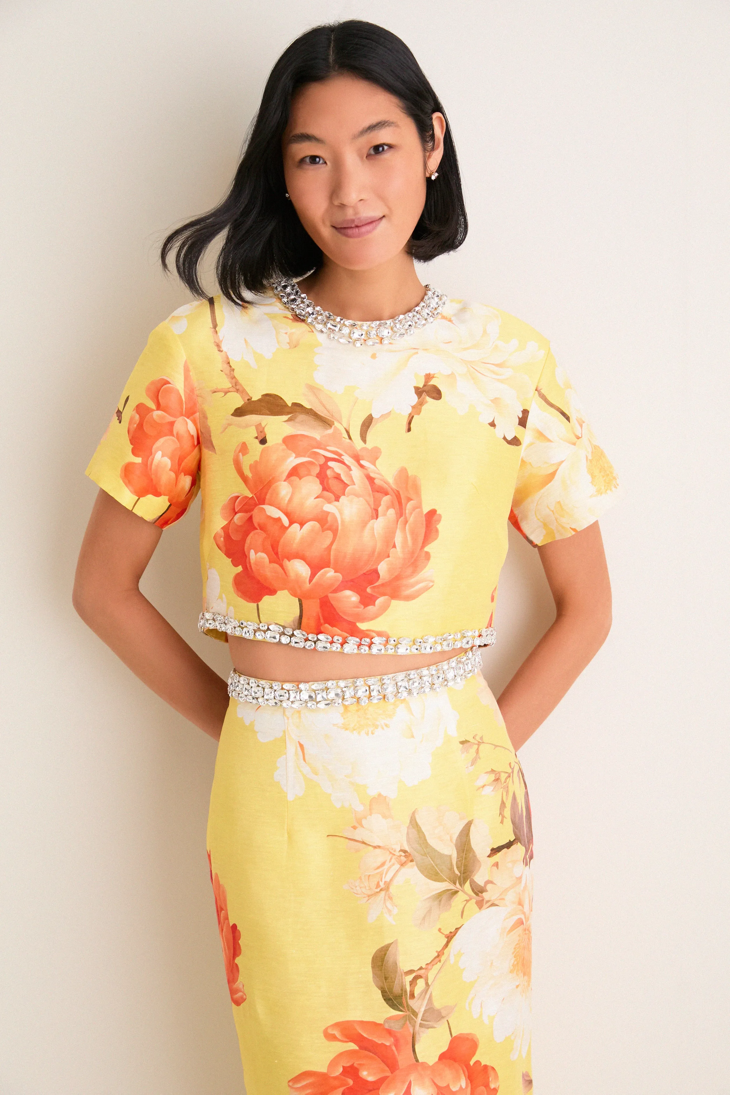 Yellow Peony Print Indie Embellished Sleeve Top sold by Tuckernuck