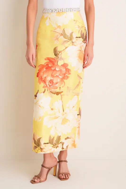 Yellow Peony Print Kyra Embellished Maxi Skirt sold by Tuckernuck