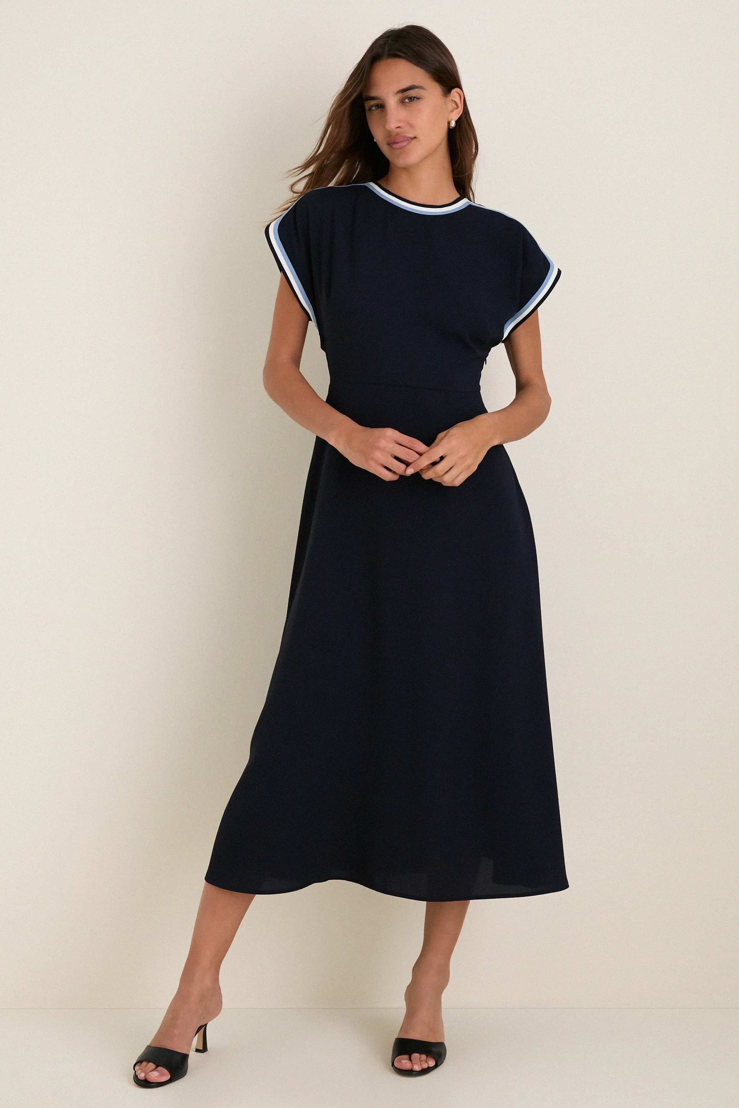 Navy Crepe Contrast Trim Sandrine Dress sold by Tuckernuck