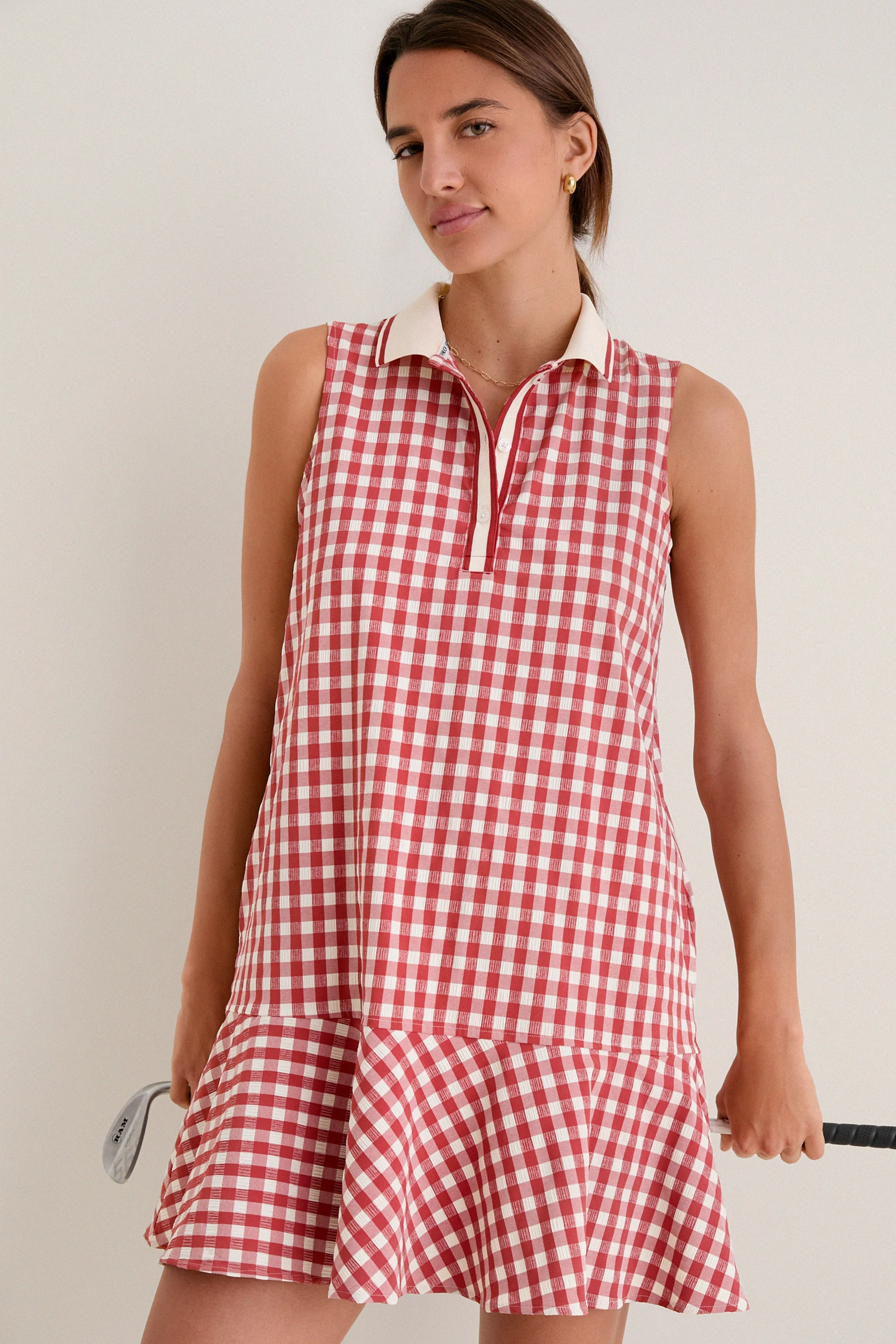 Clay Gingham Sleeveless Performance Seersucker May Golf Dress sold by Tuckernuck