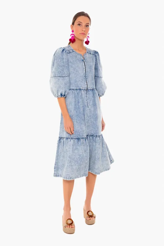 Blue Dax Acid Wash Denim Puff Sleeve Dress made by Sea New York