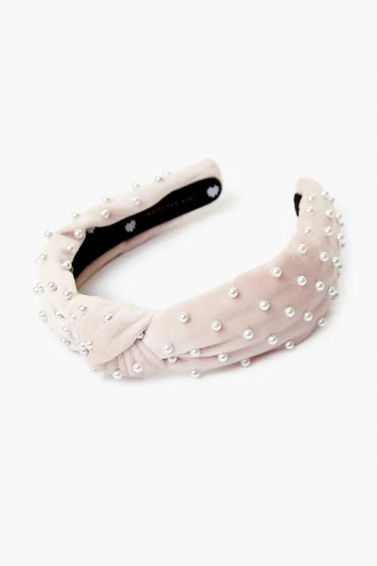 Blush Velvet Pearl Slim Knotted Headband sold by Tuckernuck