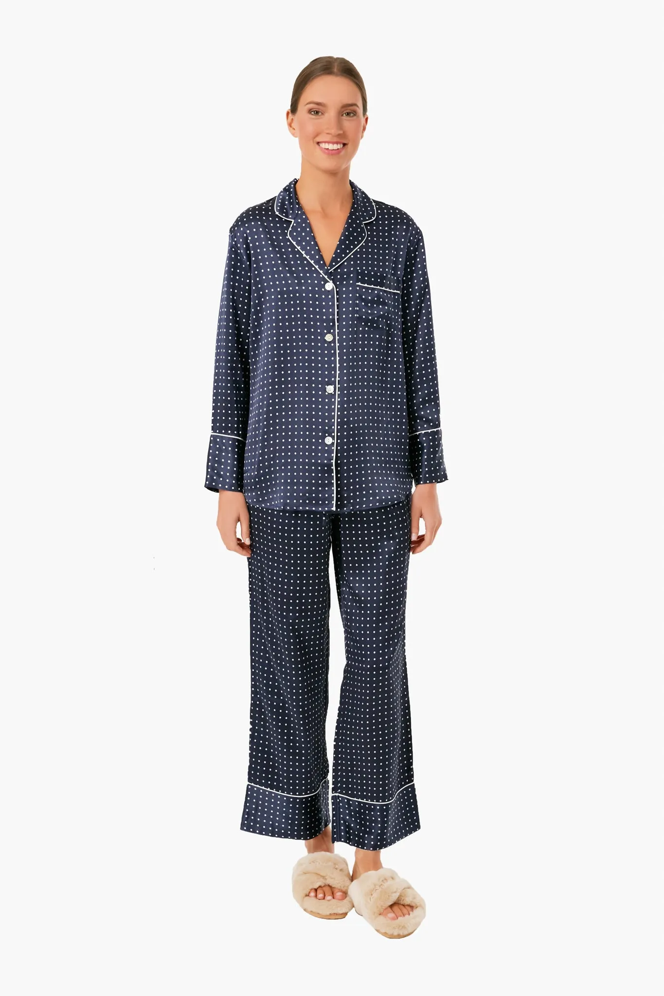 Navy Silk Polka Dot Classic Pajama Set sold by Tuckernuck