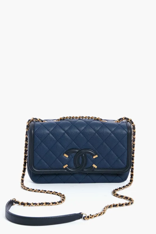 CHANEL Black and Navy Filigree Flap Shoulder Bag made by Tuckernuck