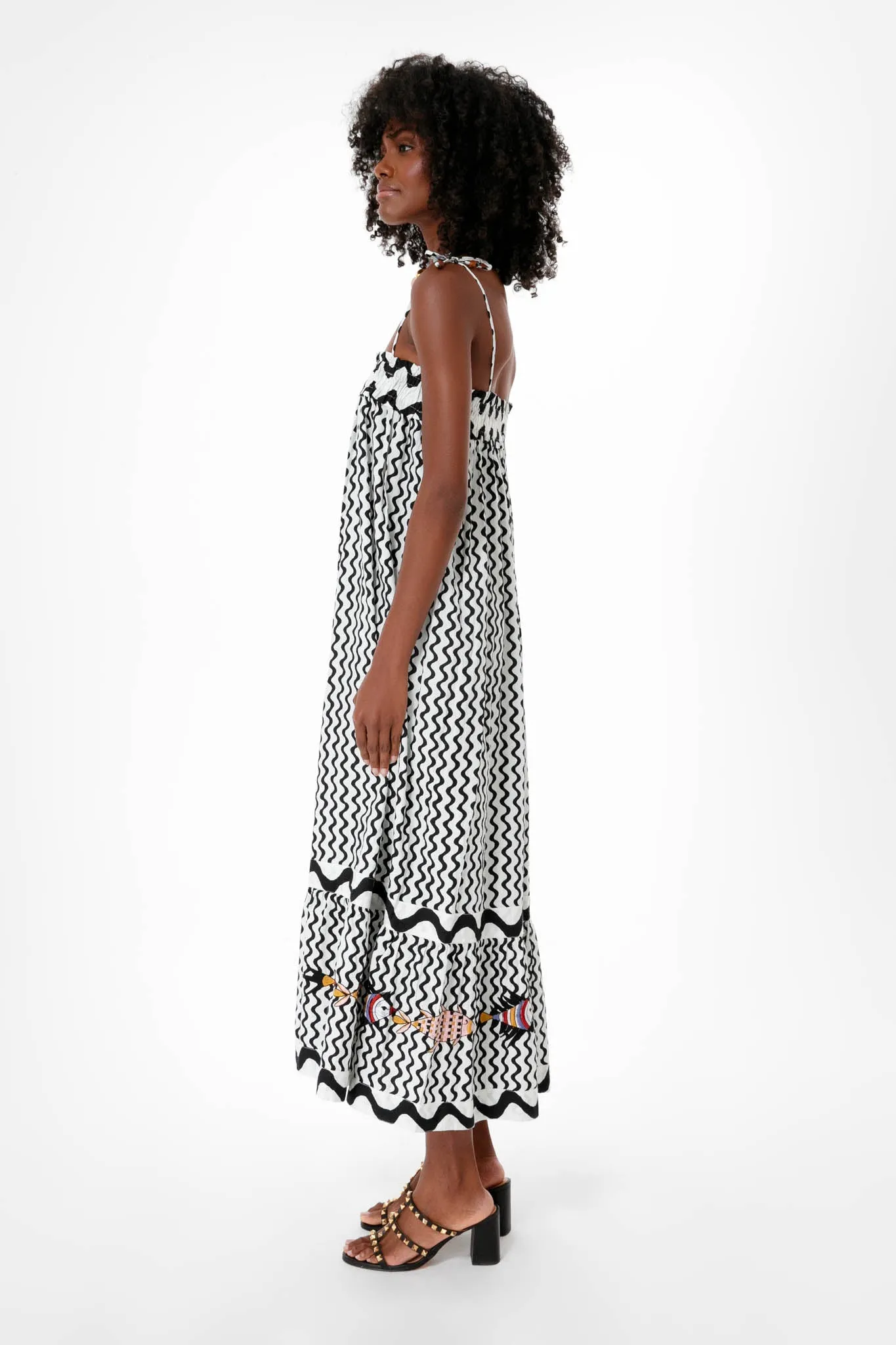 Black Ripple Tie Strap Smocked Straight Midi Dress sold by Tuckernuck product image thumbnail 3