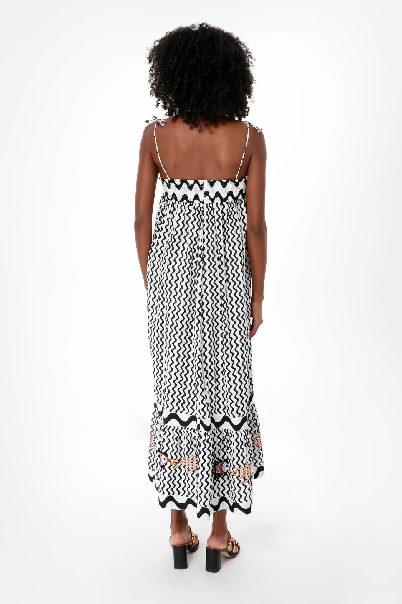 Black Ripple Tie Strap Smocked Straight Midi Dress sold by Tuckernuck product image thumbnail 4