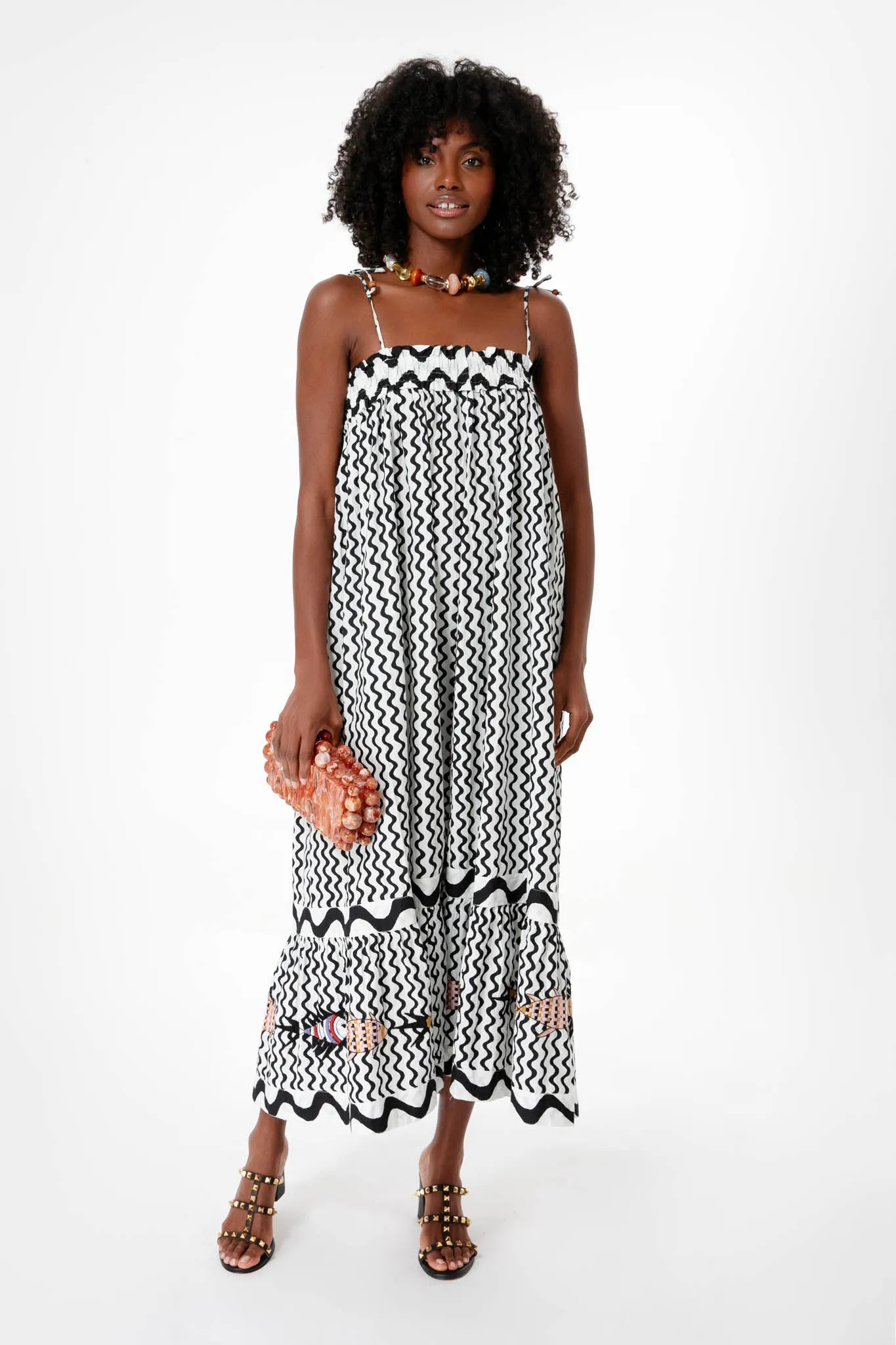 Black Ripple Tie Strap Smocked Straight Midi Dress sold by Tuckernuck product image thumbnail 2
