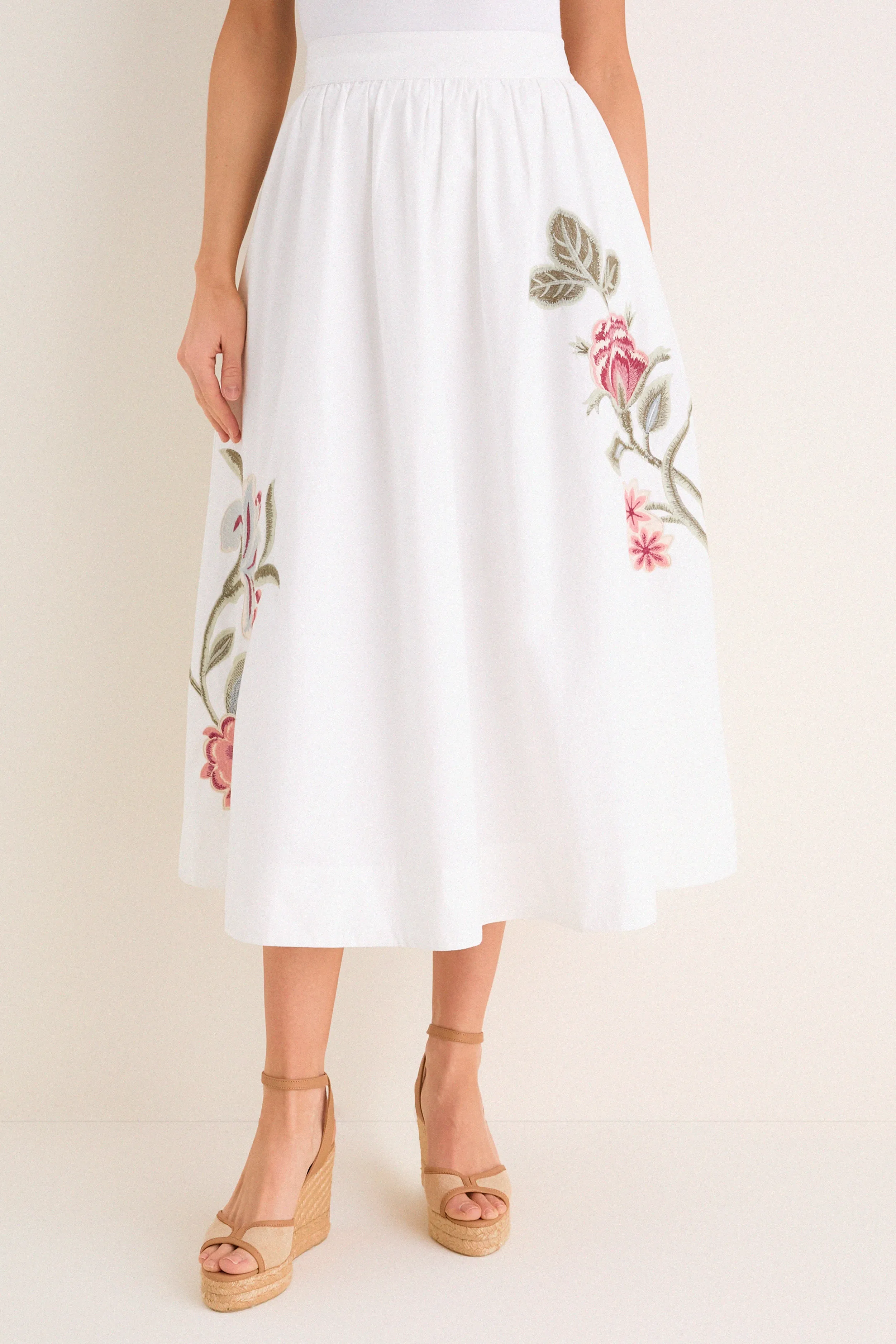 White Floral Embroidered Mirella Midi Skirt sold by Tuckernuck
