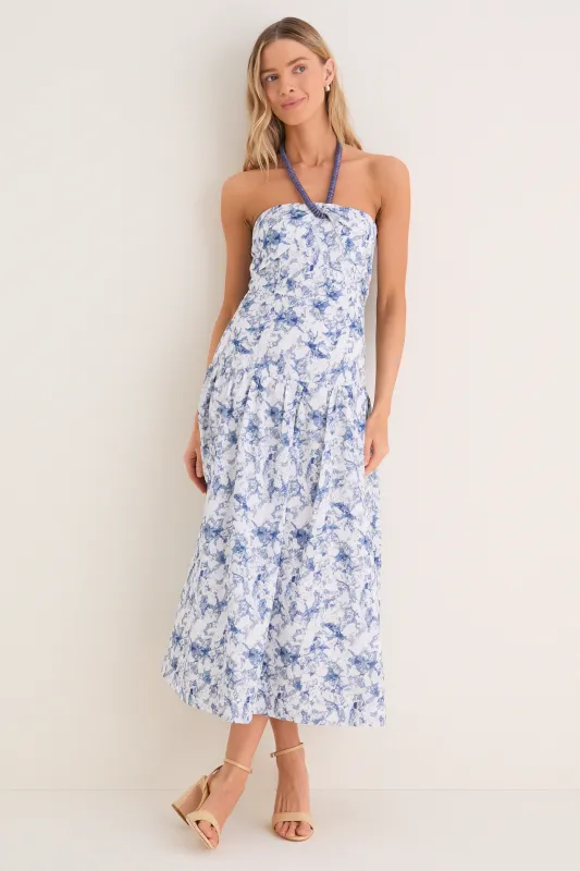 Navy Watercolor Beaded Halter Natalie Midi Dress made by English Factory