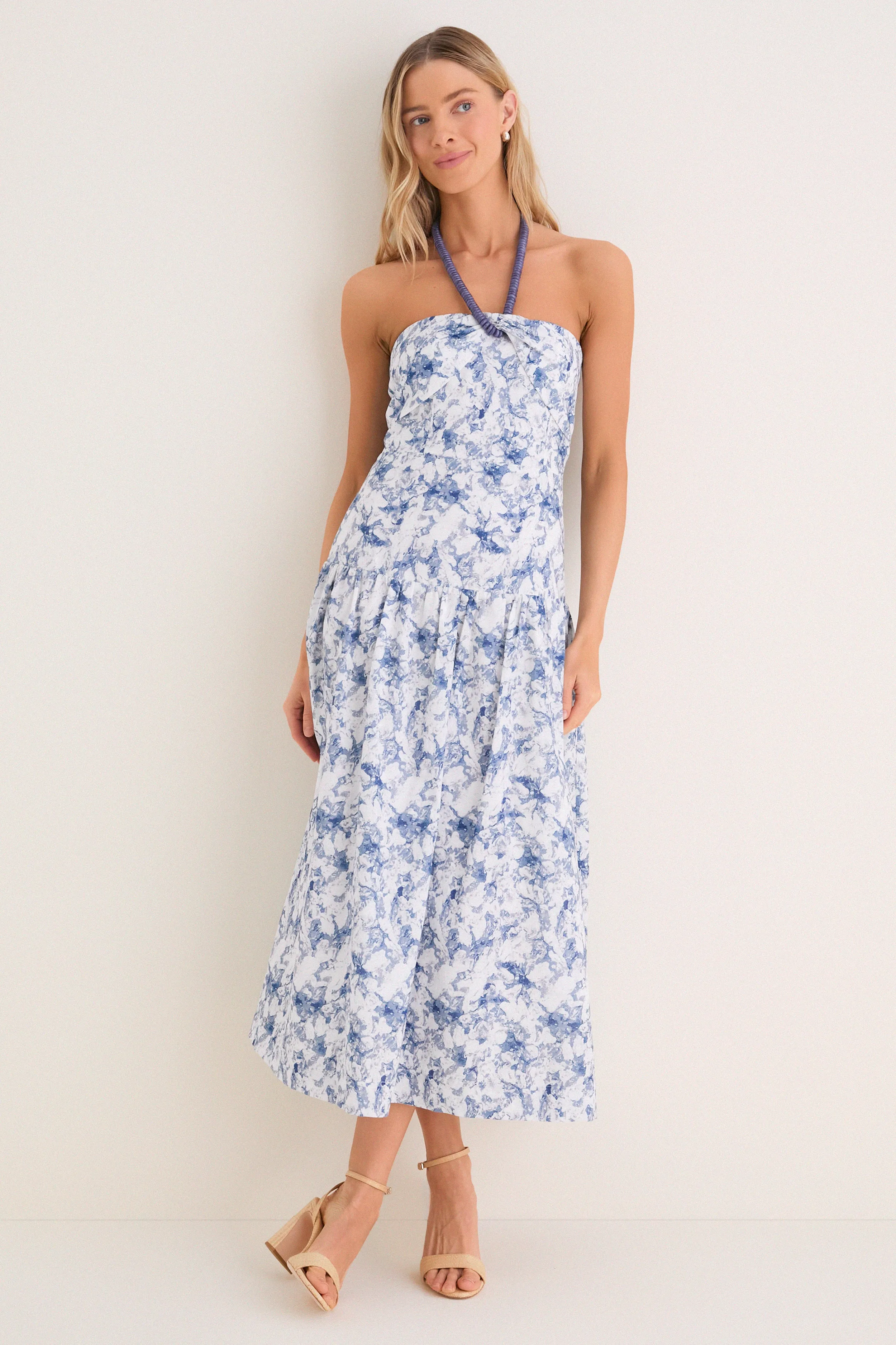Navy Watercolor Beaded Halter Natalie Midi Dress sold by Tuckernuck