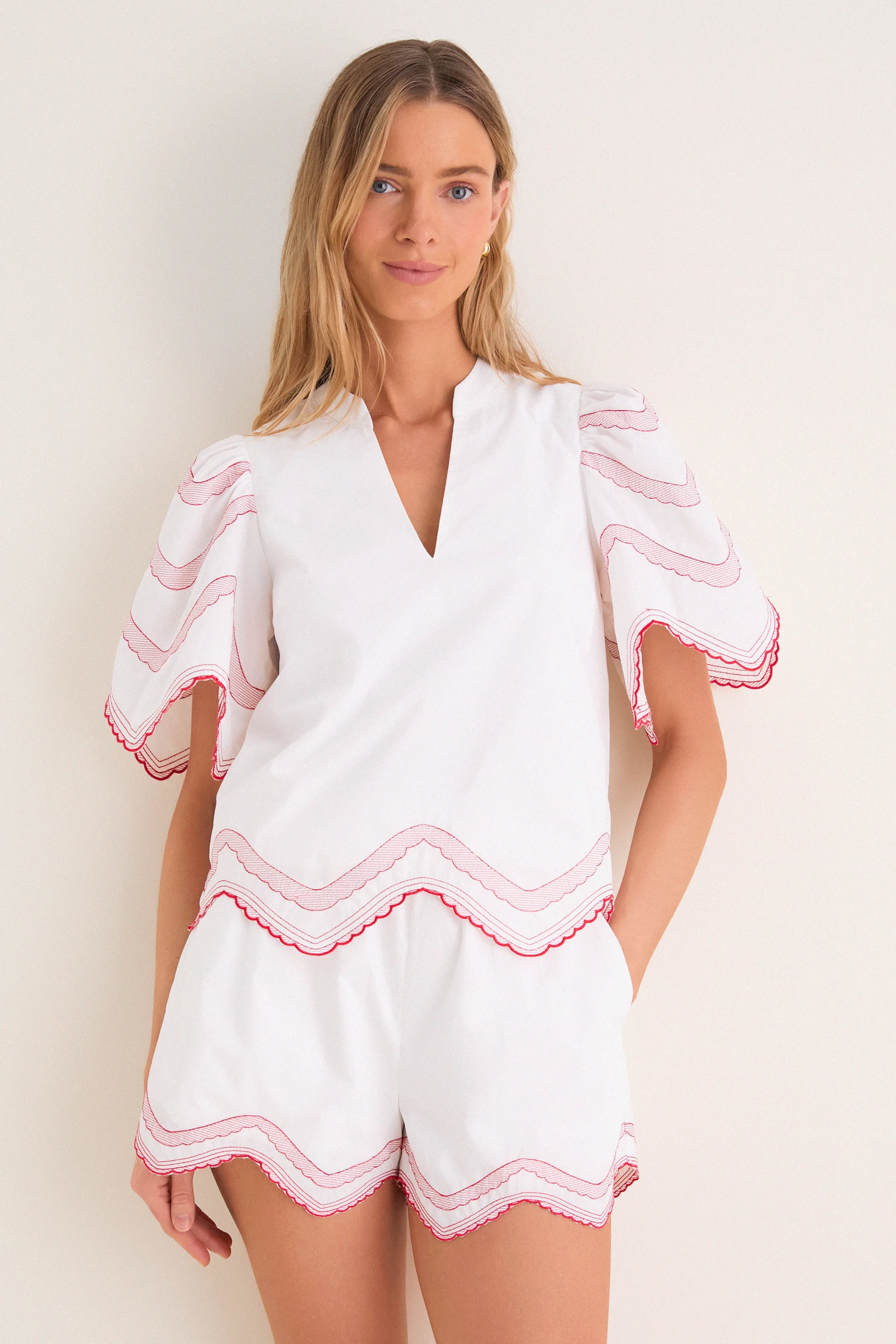 White with Red Embroidery Weston Top sold by Tuckernuck