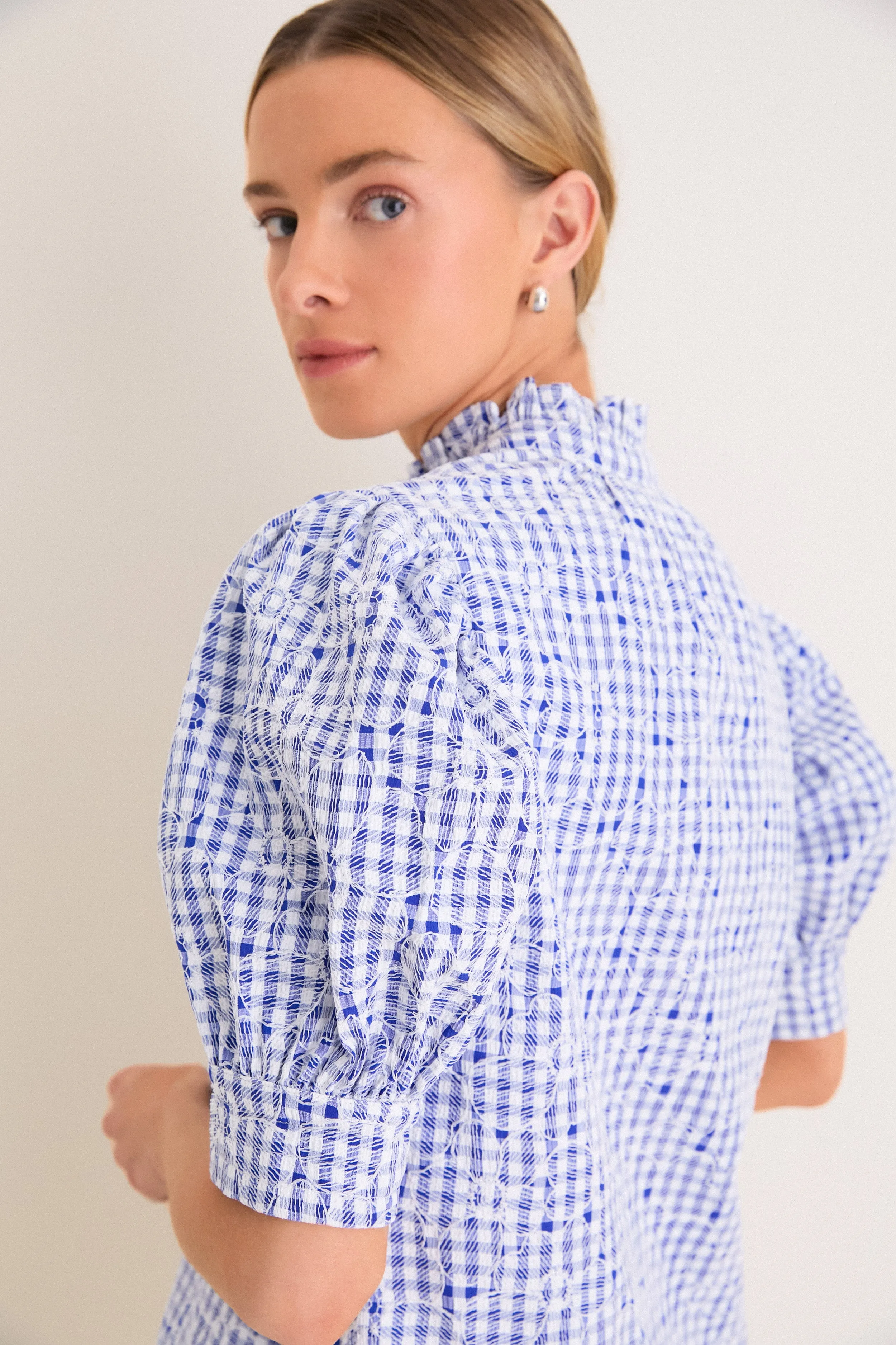 Blue Embroidered Gingham Louisa Blouse sold by Tuckernuck product image thumbnail 5