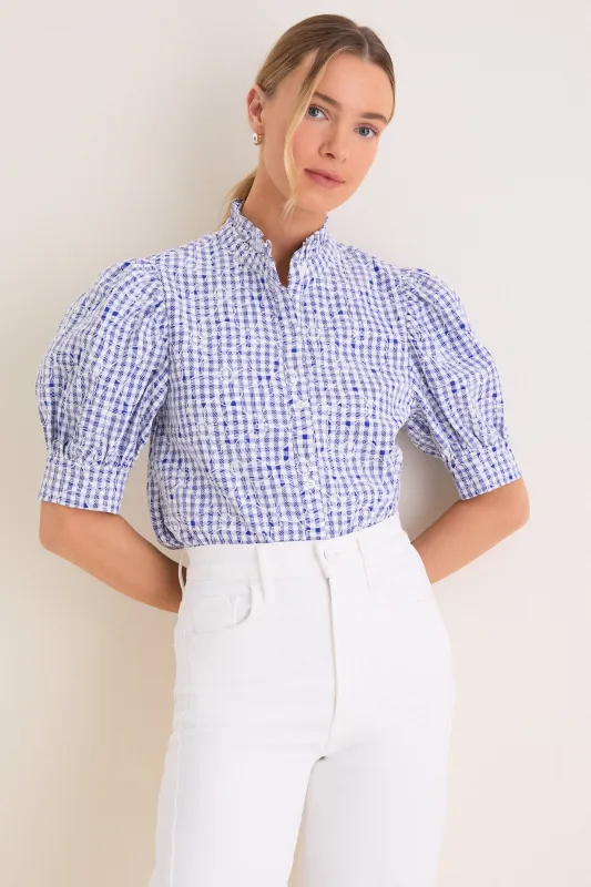 Blue Embroidered Gingham Louisa Blouse sold by Tuckernuck