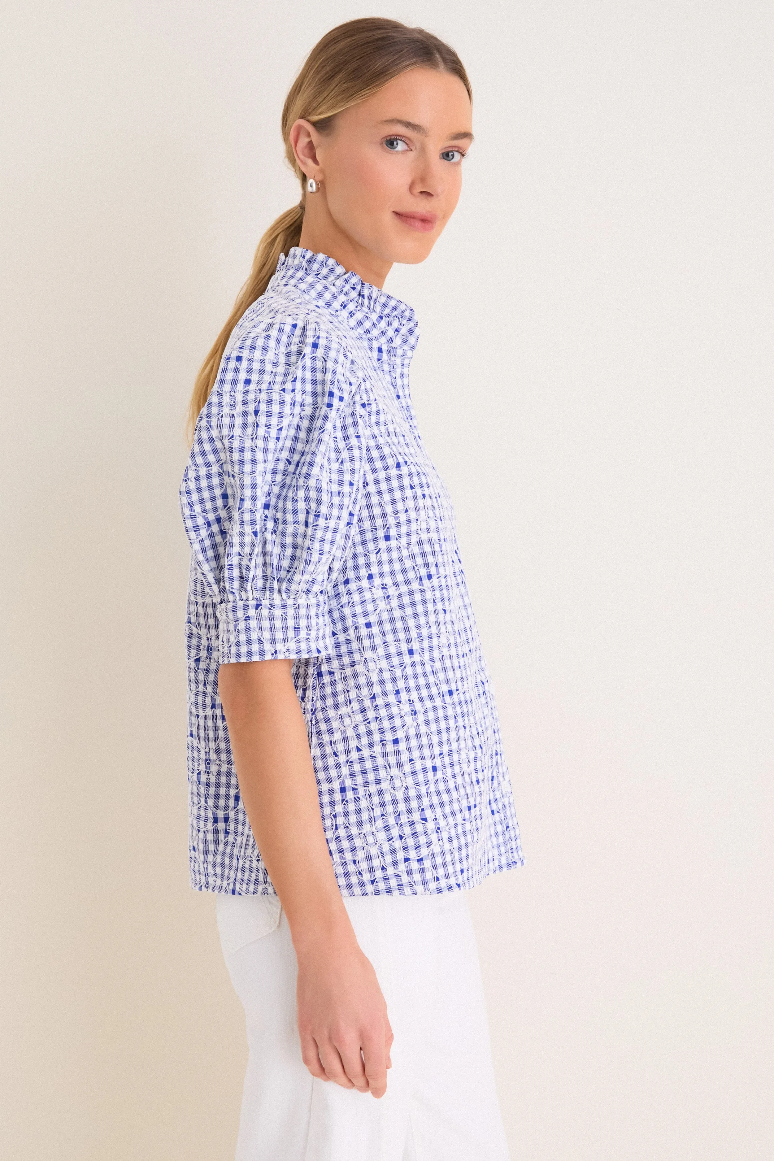 Blue Embroidered Gingham Louisa Blouse sold by Tuckernuck product image thumbnail 3