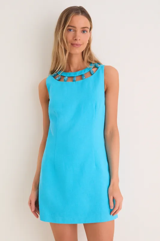 Aqua Linen Beaded Dottie Mini Dress made by Hyacinth House