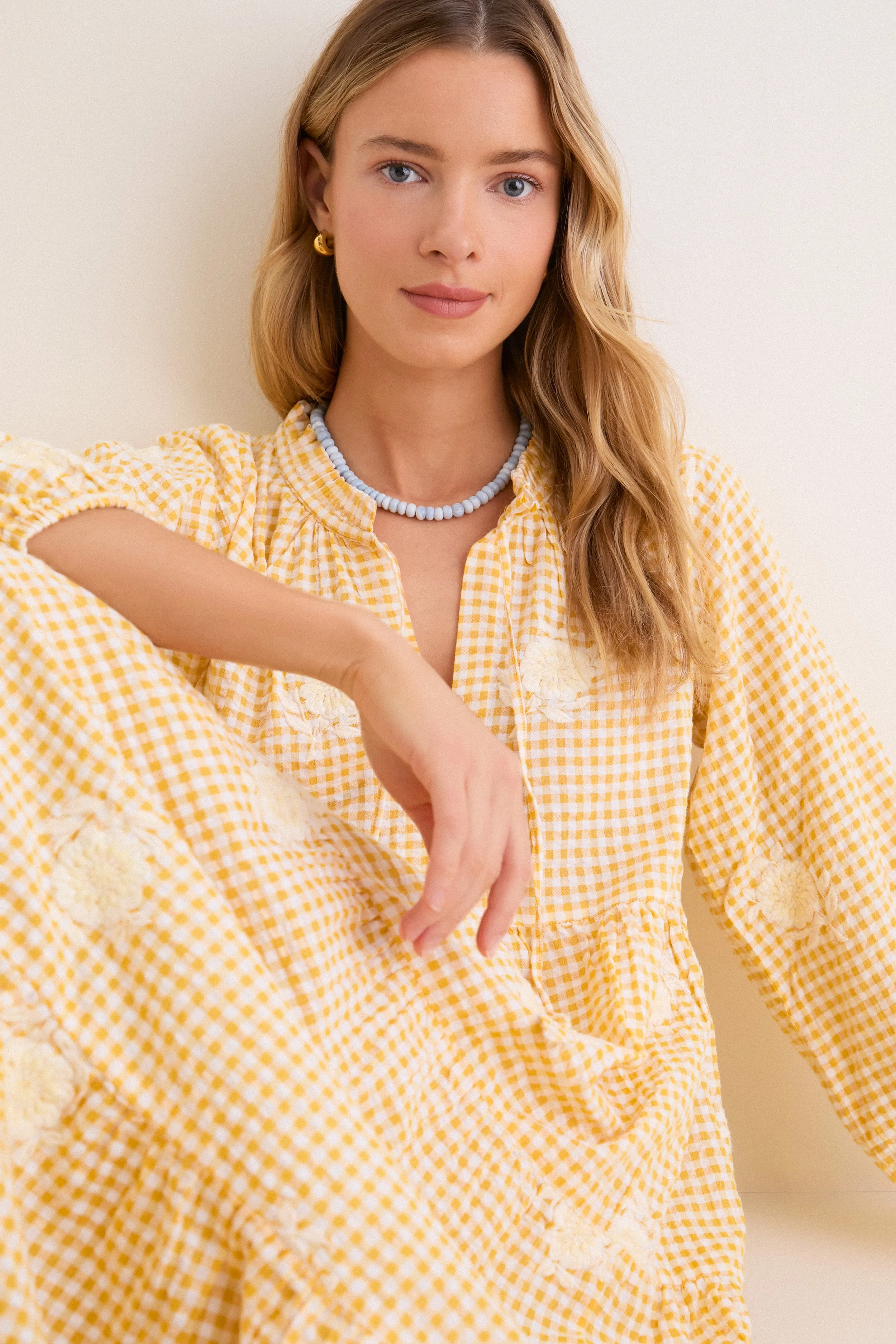 Honey Gingham Embroidered Long Sleeve Salty Paloma Caftan sold by Tuckernuck product image thumbnail 2