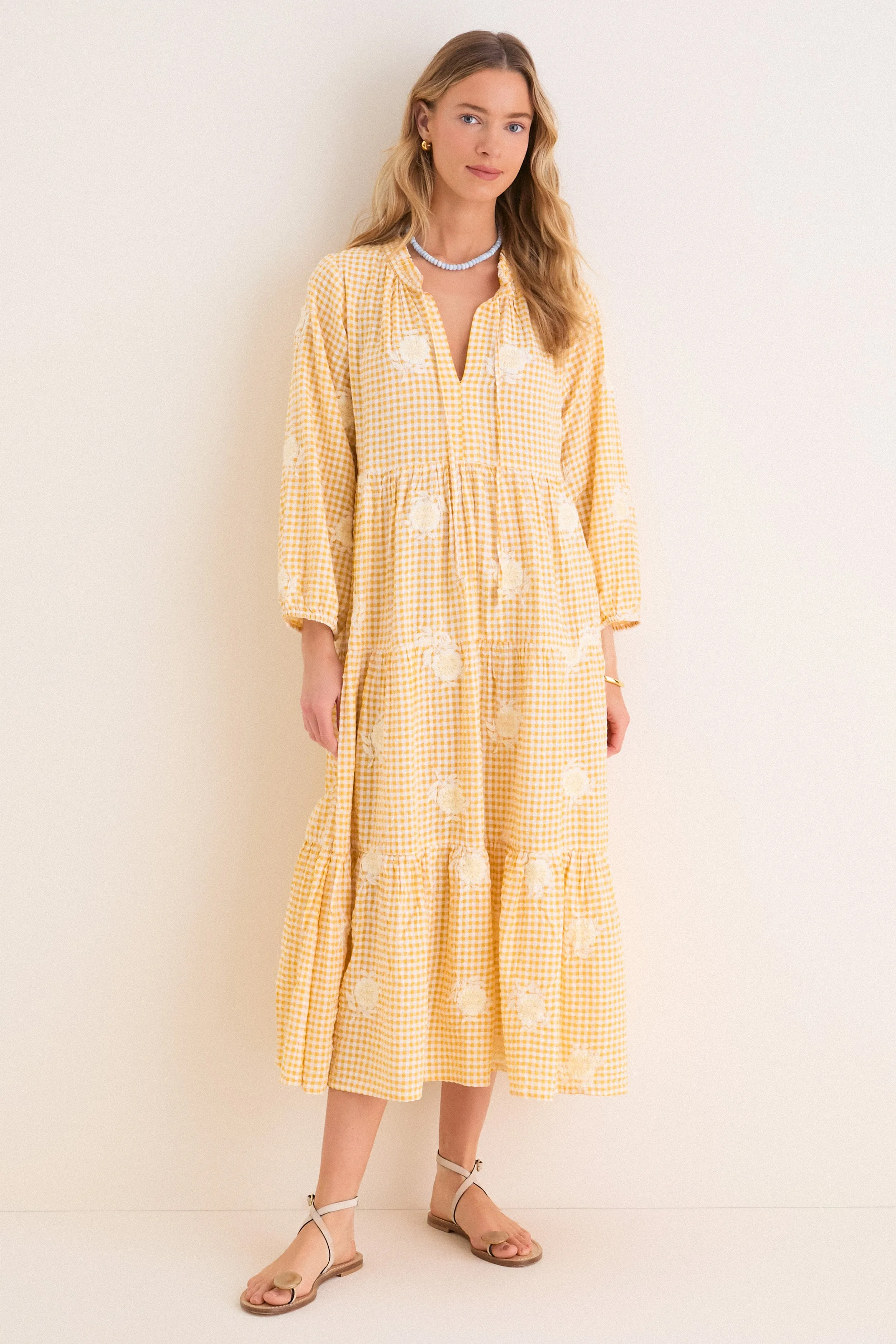 Honey Gingham Embroidered Long Sleeve Salty Paloma Caftan sold by Tuckernuck product image thumbnail 3
