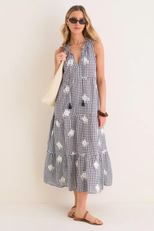 Sapphire Gingham Embroidered Sleeveless Salty Paloma Caftan made by Tuckernuck