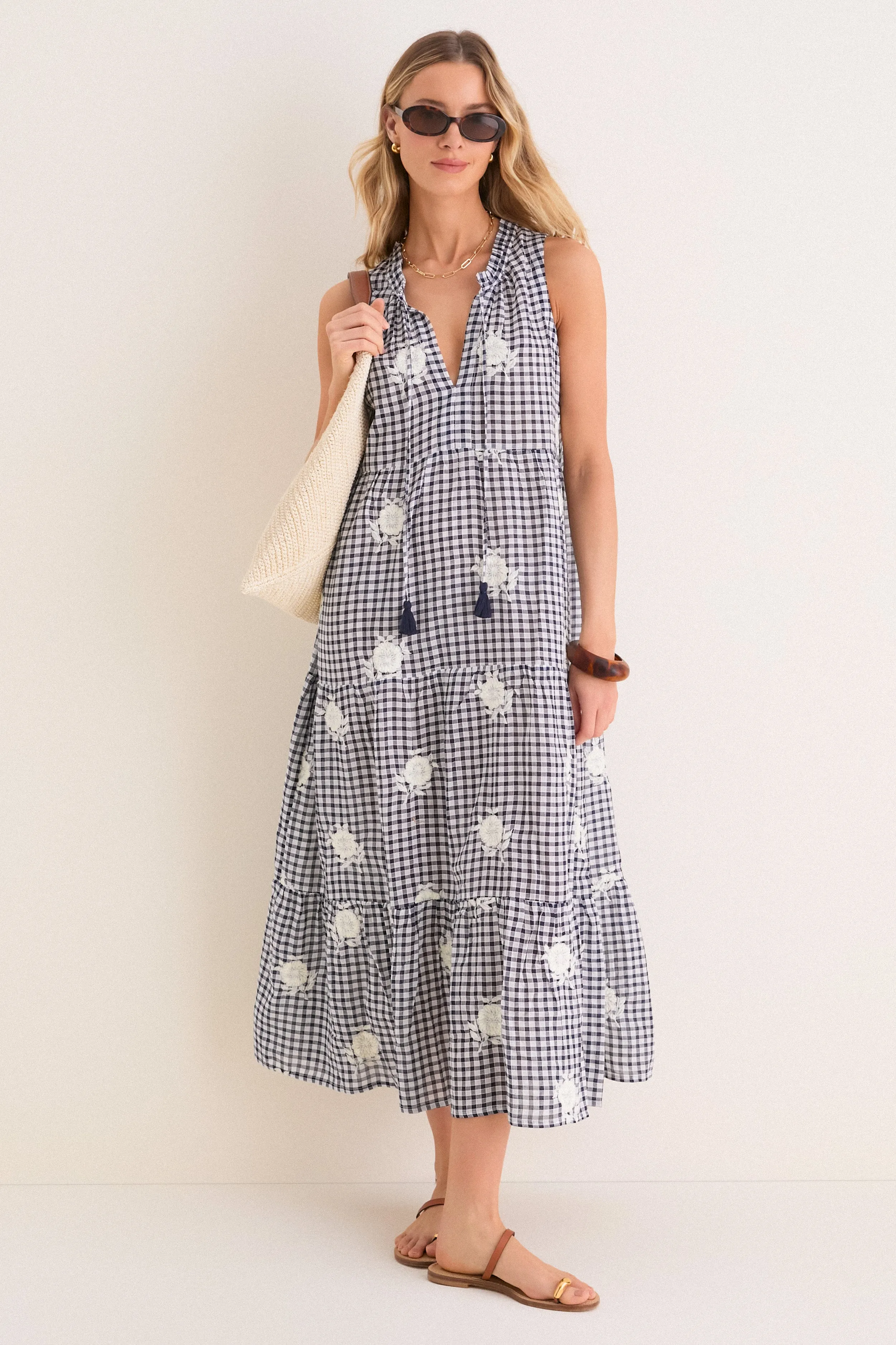 Sapphire Gingham Embroidered Sleeveless Salty Paloma Caftan sold by Tuckernuck