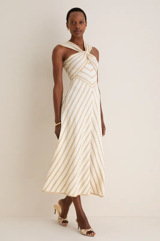 Cream and Gold Luna Metallic Halter Dress sold by Tuckernuck