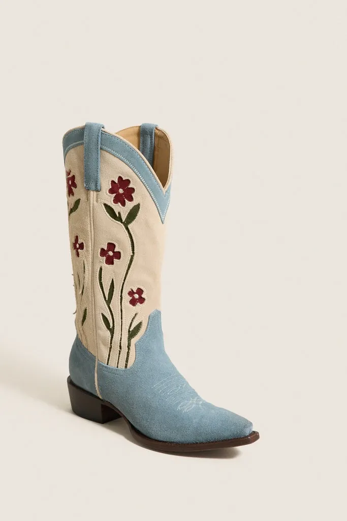 THE GREAT. x Stetson Washed Indigo Floral Cowboy Boot sold by Tuckernuck