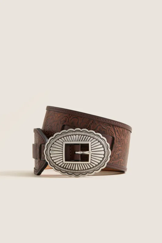 THE GREAT. x Stetson Brown and Silver Tooled Waist Belt sold by Tuckernuck