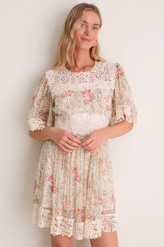 Cream Luisa Print Short Sleeve Mini Dress made by Sea New York