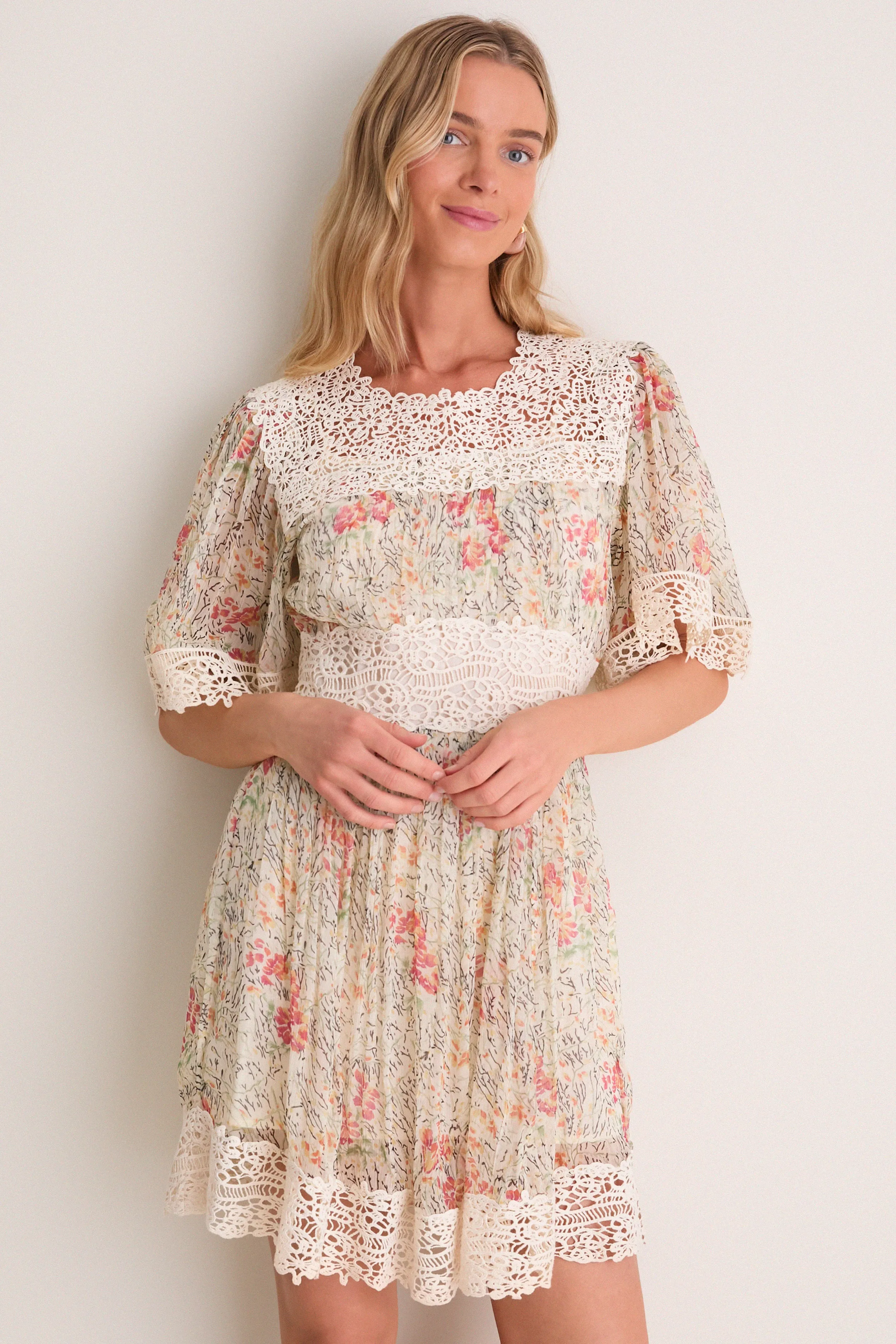 Cream Luisa Print Short Sleeve Mini Dress sold by Tuckernuck