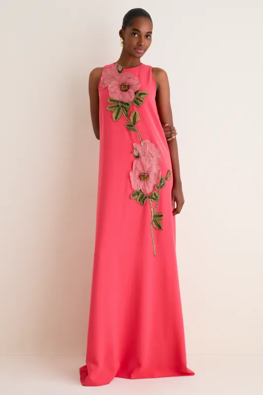 Watermelon Peony Embroidered Crepe Francie Gown made by Lela Rose
