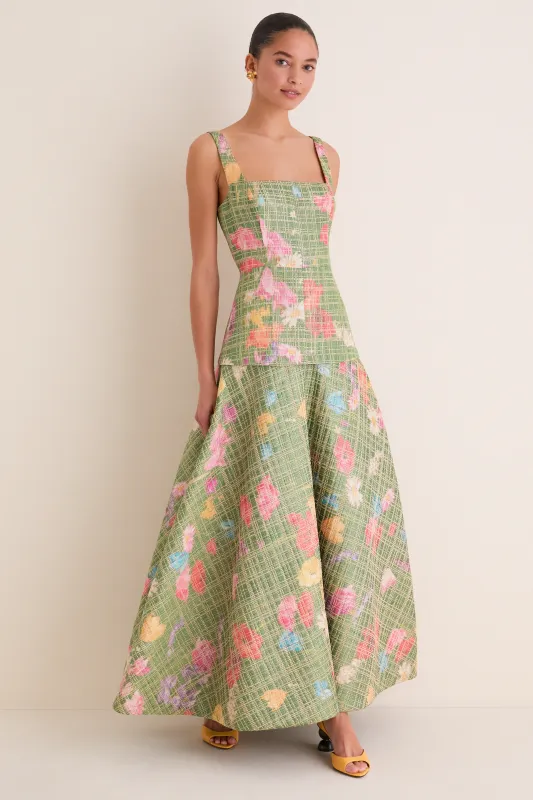 Cactus Multi Floral Raffia Poplin Square Neck Dress made by Lela Rose