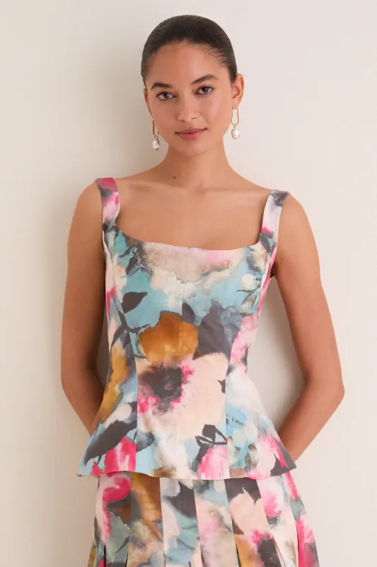 Mist Multi Floral Printed Cotton Scoop Neck Fitted Top made by Lela Rose