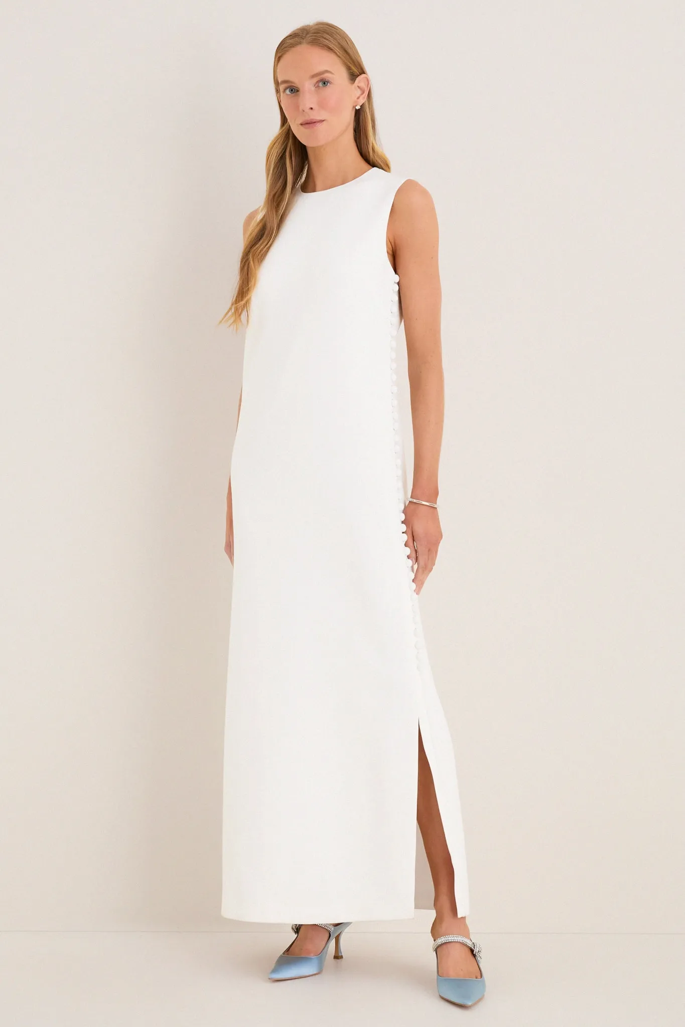 Cloud White Crepe Button Camille Maxi Dress sold by Tuckernuck