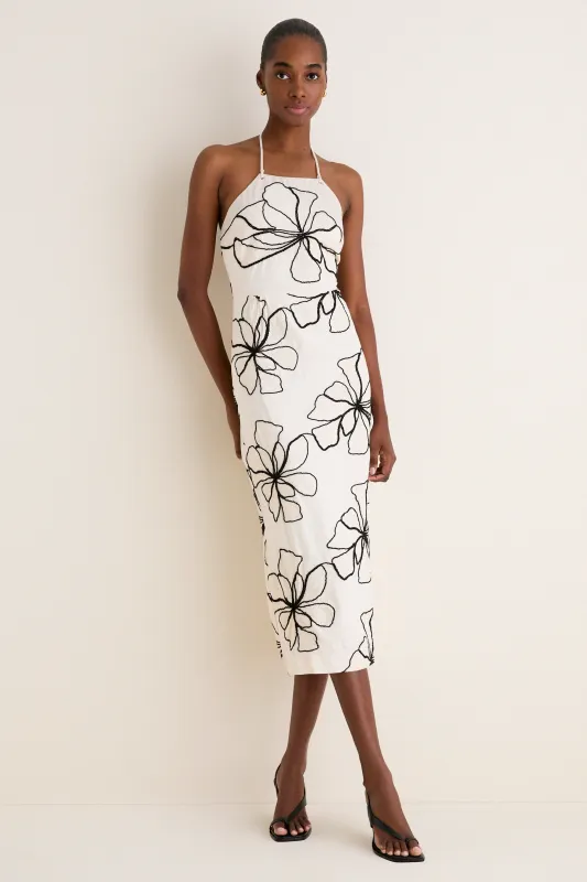Ivory and Black Floral Embroidered Josie Halter Midi Dress made by Greylin