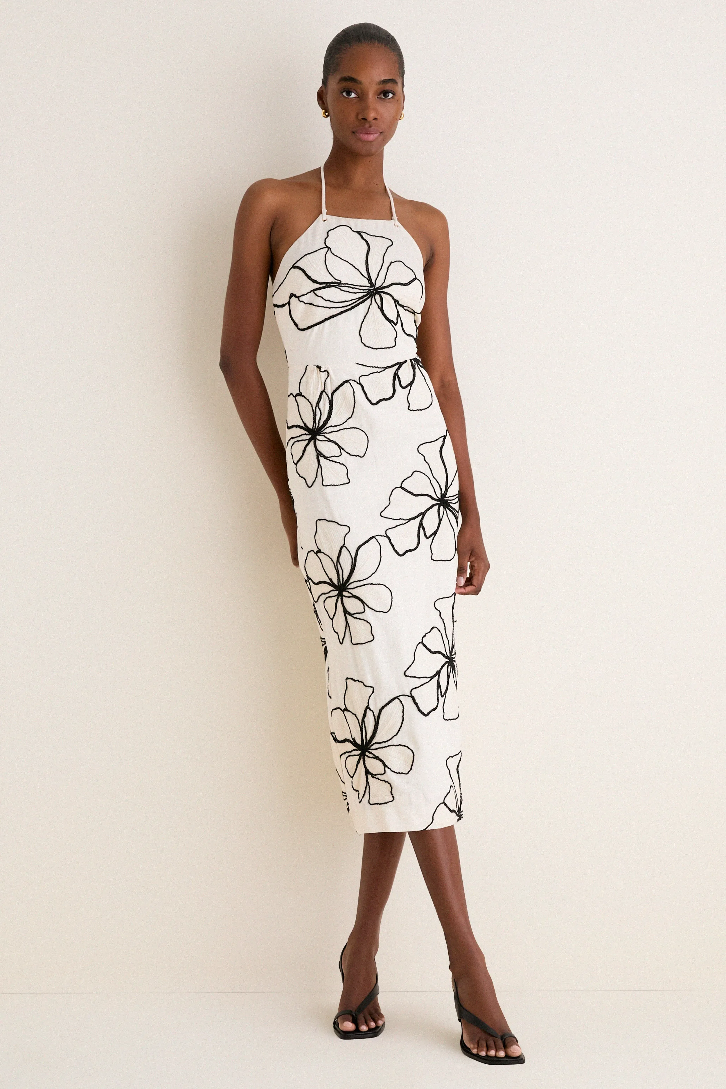 Ivory and Black Floral Embroidered Josie Halter Midi Dress sold by Tuckernuck