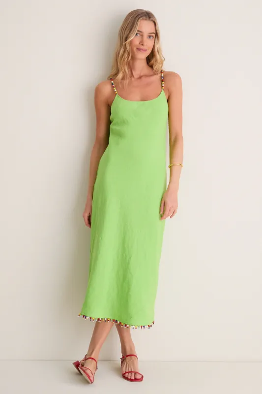 Riviera Green Linen Scoop Neck Beaded Dress made by Polo by Ralph Lauren