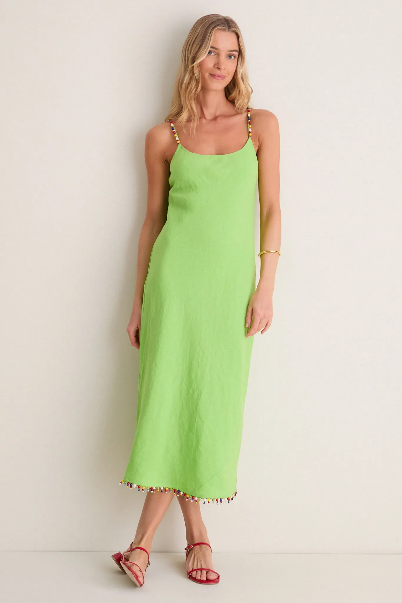 Riviera Green Linen Scoop Neck Beaded Dress sold by Tuckernuck