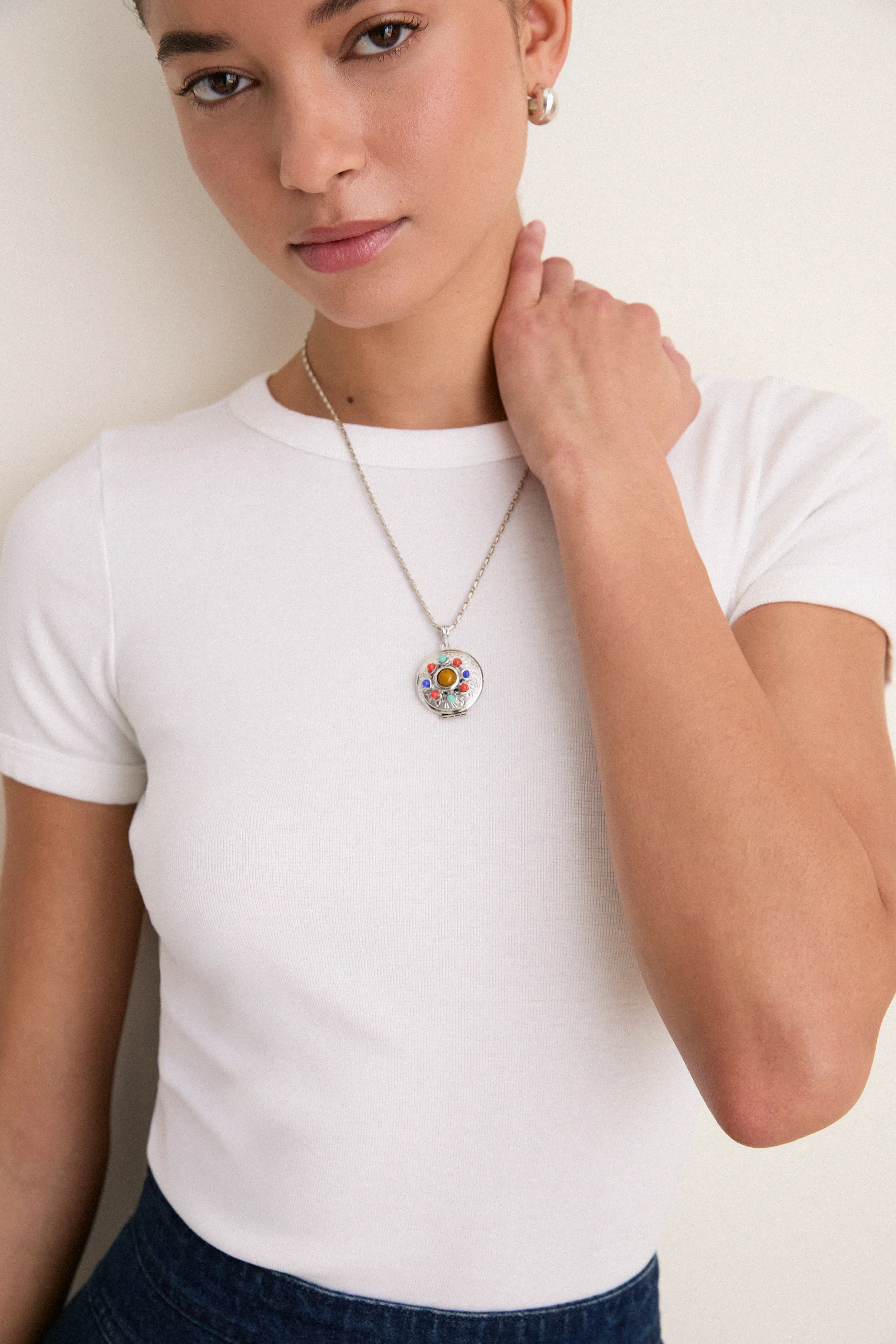 Silver Plated Chain Necklace with Round Locket Pendant sold by Tuckernuck product image thumbnail 2