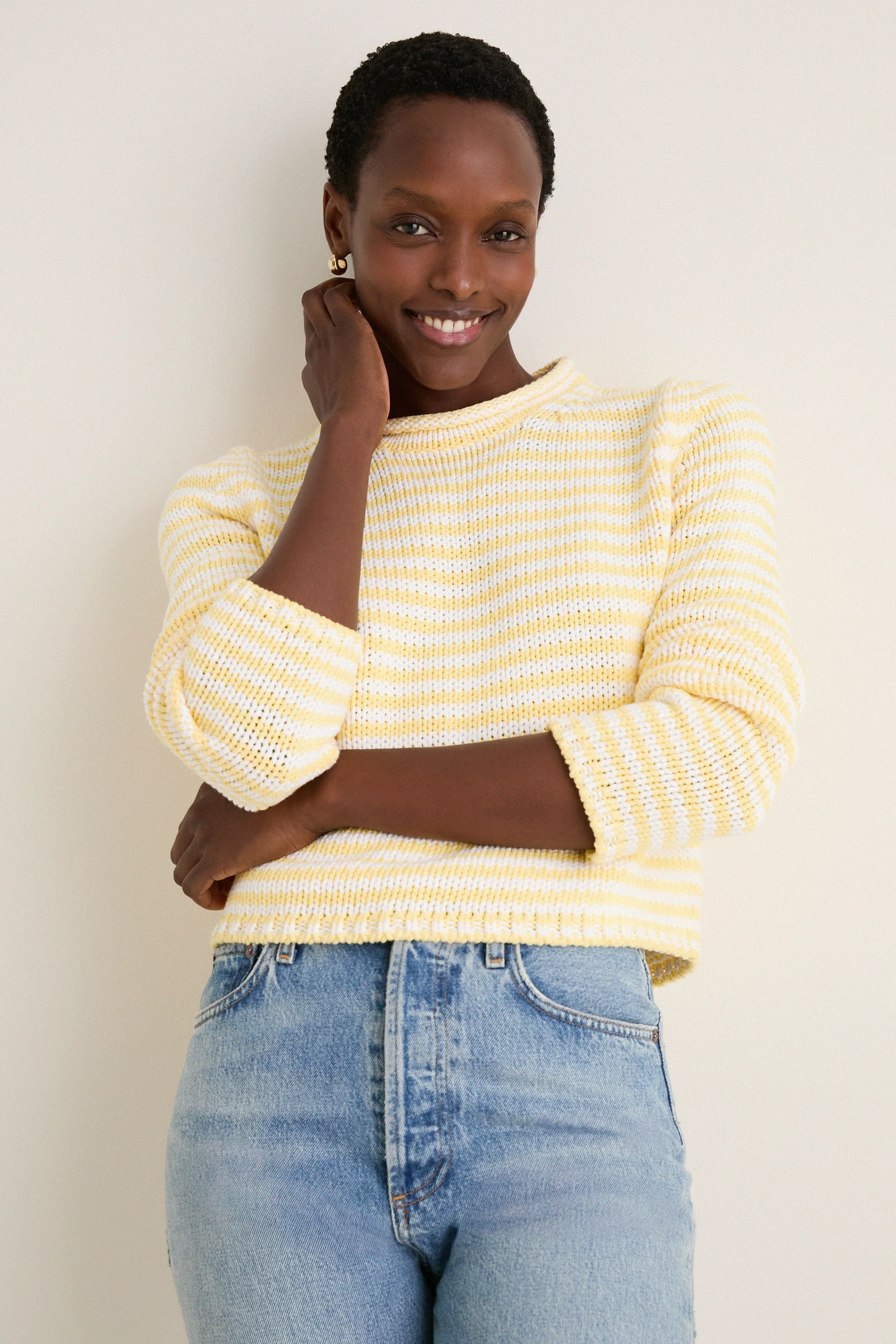 Sunshine and Cream Fine Stripe Mini Marina Sweater sold by Tuckernuck